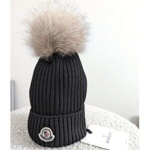 Moncler Black Pom-Pom Beanie with Blue Frost fur - Kids
